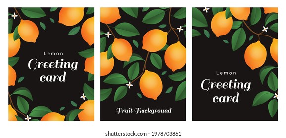 A set of cards with branches of lemons, leaves and small flowers.   Postcards with lemons. Fruit background.