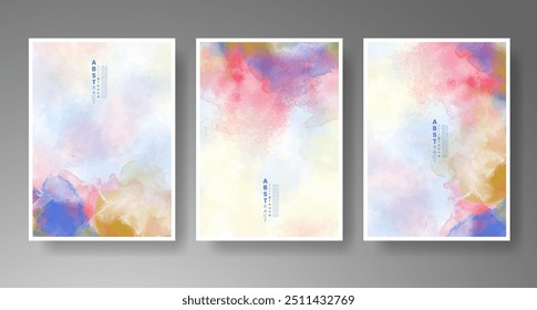 Set of cards with bright colorful vector watercolor background. Design for your date, postcard, banner.