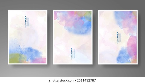 Conjunto de tarjetas con fondo de acuarela de Vector colorido brillante. Diseño para su fecha, postal, Anuncio.