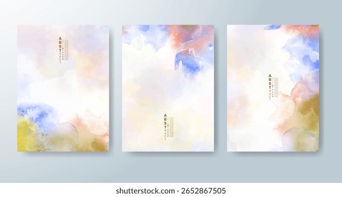 Conjunto de tarjetas con fondo de acuarela de Vector colorido brillante. Diseño para su fecha, postal, Anuncio.