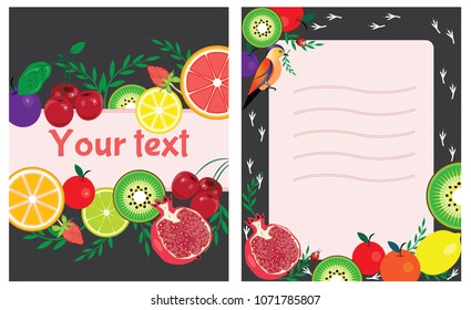 Set of cards  with bright fruits. Bright banner for site, brochure, layout, flyer of healthy raw diet.Vector illustration of sliced halves of citrus fruits.  Healthy vitamin food.