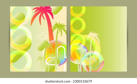 Set cards Bright palm trees summer backgrounds colorful 3d holiday vector illustration. Comfortable background graphic design poster flyer leaflet party