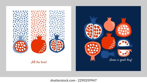 A set of cards with bright pomegranates. Vector digital illustration.