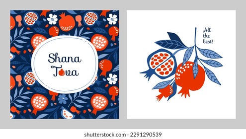 A set of cards with bright pomegranates. Vector digital illustration. svg