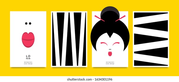 Set of cards, brochures with oriental motifs. Pages with a black and white geometric pattern and the face of an oriental woman. Vector illustration.