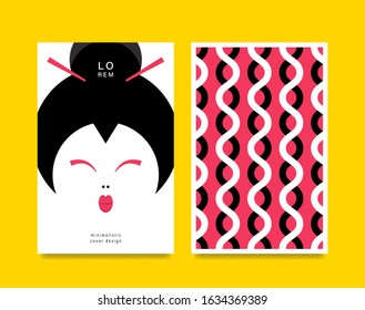 Set of cards, brochures with oriental motifs. Pages with a black and white geometric pattern and the face of an oriental woman. Vector illustration.