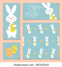 Set of cards with Bunny holding Easter egg. Happy Easter! Congratulations. Template. Vector illustration.