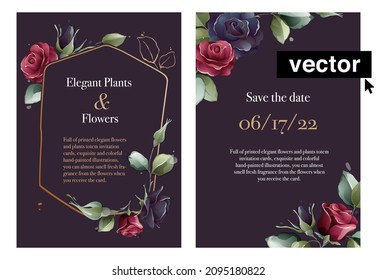 Set of cards with burgundy red and black flower rose, leaves, and gold lines. Watercolor wedding invitation concept. Vector decorative greeting card or leaflet design background.