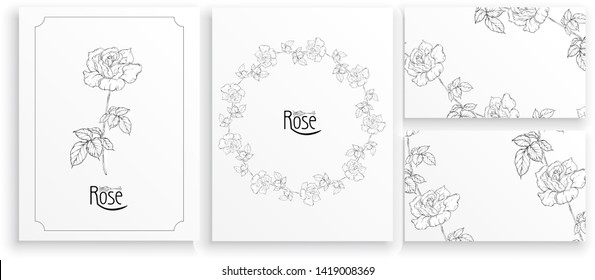 set of cards and business cards with graphic floral arrangements with flowers of roses