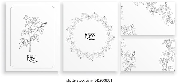 set of cards and business cards with graphic floral arrangements with flowers of roses