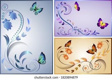 Set of cards with butterflies.Colored decorative elements and butterflies in the set of illustrations.