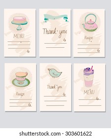 a set of cards with cakes and drinks, menu.