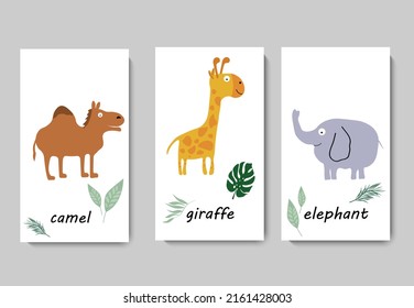 Set of cards with cartoon animals - camel, giraffe, elephant. Vector animalistic illustration. For prints and posters, childrens products, covers and brochures, packaging and celebrations.