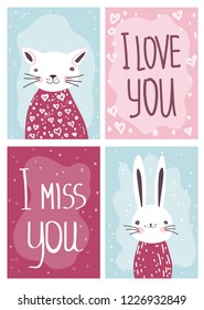 Set of cards with cartoon funny animals. Cute party invitations. Vector hand drawn illustration. Lettering I Love you I miss you