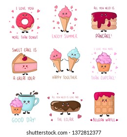 Set of cards with cartoon kawaii sweet food - pancakes, cakes, ice cream, donut on white background, card template with dessert and text, cute characters. Vector flat illustration