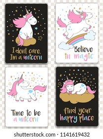 Set of cards with cartoon styled unicorns and inspirational lettering. Greeting cards with motivational quotes. 