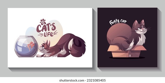 Juego de cartas con peces de gato y acuario, gato tendido en la caja. Mascota, gatito, vida doméstica, concepto animal. Ilustración vectorial para tarjeta, postal, cubierta.