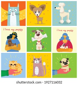Set of cards with cats and dogs in the flat style