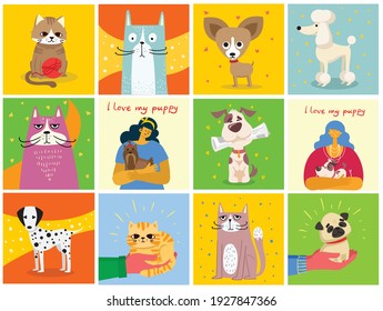 Set of cards with cats and dogs in the flat style