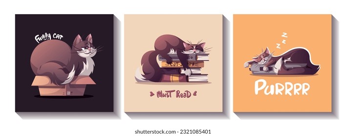 Set of cards with cats lying in the box, books and sleeping on the cat bed. Pet, kitty, domestic life, animal concept. Vector illustration for card, postcard, cover.