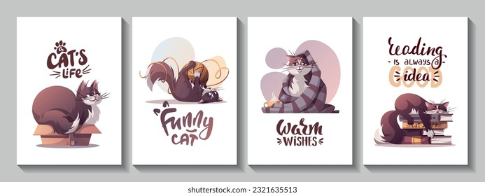 Set of cards with cats lying in the box and books, cat playing with ball of thread, cat sitting with blanket. Pet, kitty, domestic life, animal concept. Vector illustration for card, postcard, cover.