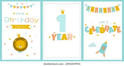 Juego de cartas para celebrar el primer cumpleaños con un lindo cachorro de león, cohete, estrellas y corona
