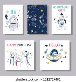 Set of cards for celebrating children's birthday in space style. Vector illustration. Hand drawn