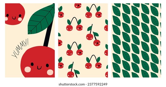 Set of cards with cherries and patterns with berries and foliage. Bright summer prints and backgrounds in red and green colors. Great for wallpaper, backgrounds, packaging, fabric, scrapbook