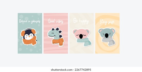 A set of cards for children with animals in the Scandinavian style with motivational phrases. Funny cartoon animals with scarfs in simply trendy style.