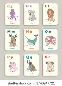 Juego de tarjetas para la educación de los niños. Aprendiendo el alfabeto inglés. Cartas con cartas con animales de dibujos animados divertidos. Aislado en un fondo gris. Ilustración vectorial. Parte 1.