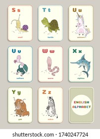 Set of cards for children's education. Learning the English alphabet. Cards with letters with funny cartoon animals. Isolated on a gray background. Vector illustration. 