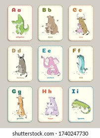 Set of cards for children's education. Learning the English alphabet. Cards with letters with funny cartoon animals. Isolated on a gray background. Vector illustration. Part 1.