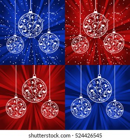 Set of cards with Christmas ball on red and blue background. vector illustration.