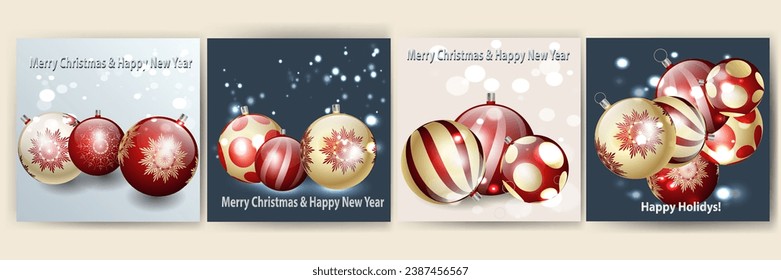Set of cards with Christmas balls, stars and snowflakes, vector illustration
