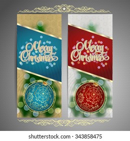 Set of cards with Christmas BALLS, tree and garland lights, vector illustration.