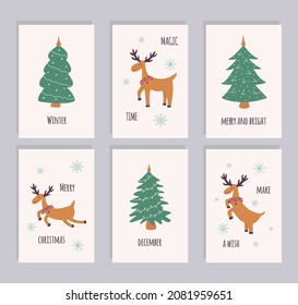 Set of cards with Christmas deer and trees. Congratulations and wishes text. Blue snowflakes. Colorful vector illustration hand drawn isolated