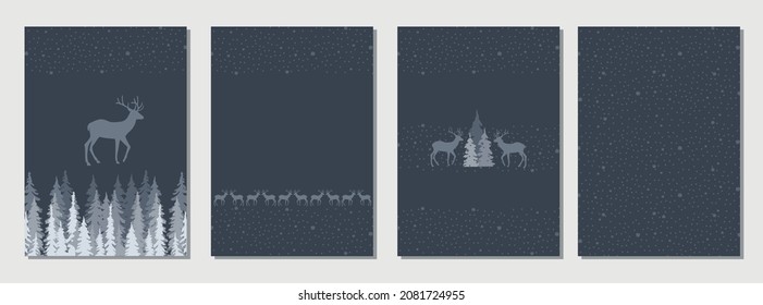 Set of cards for christmas with forest and deer