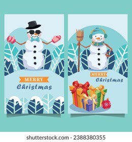 
Set of cards for the Christmas holiday. Christmas set, snowman with broom, snowman with gloves, gifts, merry christmas. Vector