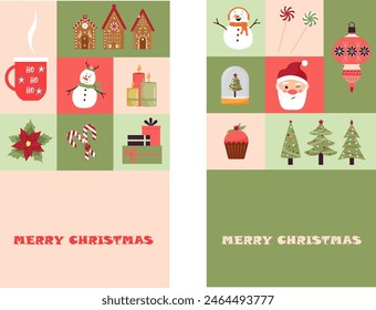 Set of cards for Christmas. Illustrations with Christmas elements. Christmas trees and gingerbread houses, Santa Claus and snowman. Cup of cocoa and sweet muffin. Vector. Flat style. 