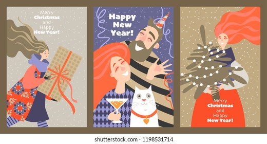 Set of cards for Christmas and New Year with funny characters in cartoon style