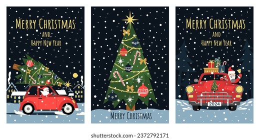 
A set of cards for Christmas and New Year. Image of Santa Claus on a car. Design of posters, cards, banners.