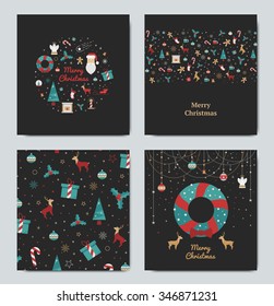 A set of cards for Christmas on a black background. Lots of bright elements for decor. Wreath with deer and garlandfor the new year 2016