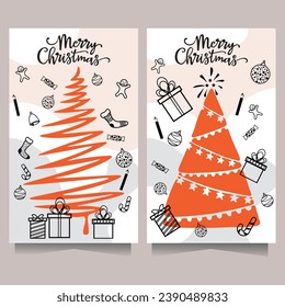 Set of cards for Christmas. Postcards in hand-drawn style. Christmas trees, gifts, New Year decorations, Merry Christmas. Vector