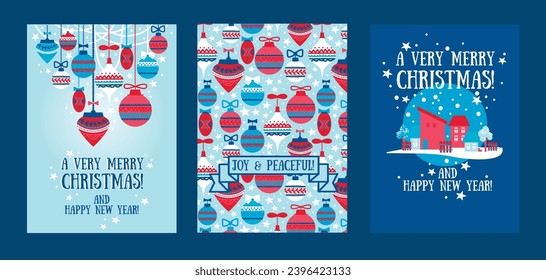 Set of cards for christmas in scandi style, cute cottage and christmas balls decorations, vector illustration