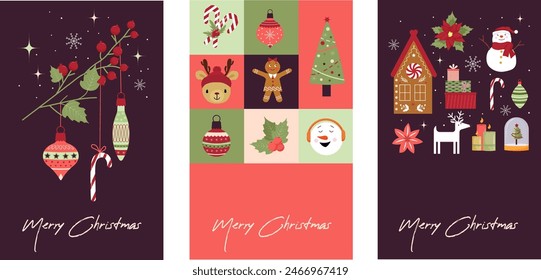 Set of cards for Christmas. Stylish cards with Christmas elements. Deer, snowman and balls. Gingerbread man and plants. Vector. Flat style.