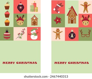 Set of cards for Christmas. Sweet muffins and gingerbread house. Gingerbread men and snowman. The muzzle of a deer and a snowman. Christmas elements. Flat style. Vector illustration