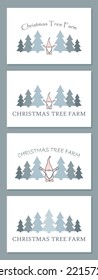 set of cards, Christmas Tree Farm flat vector illustrationa with scandinavian gnome, graphics for invitation or gift card making