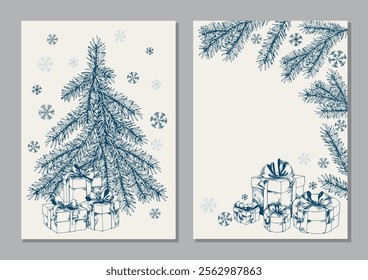 Set of cards with Christmas tree, Gift boxes and snowflakes. Hand drawn vector illustration.