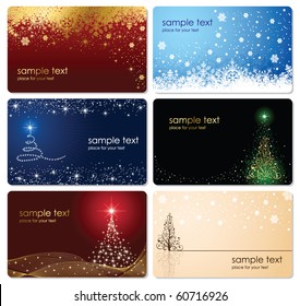 Set of cards with Christmas tree, stars and snowflakes, illustration