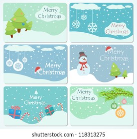 Set of cards with Christmas trees, baubles, snowflakes, gift boxes and snowman, illustration.
